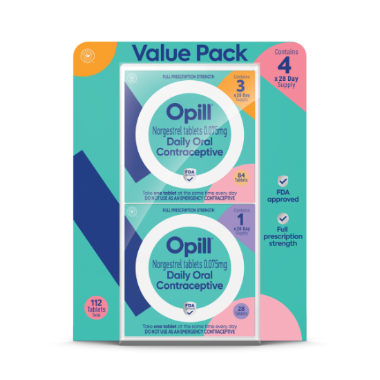 Opill®, Daily Oral Contraceptive Pill, full prescription strength, 112 day supply, 4 month value pack