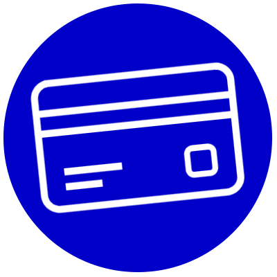 White credit card icon on a blue circle