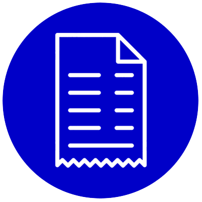 White icon of a receipt on a blue circle