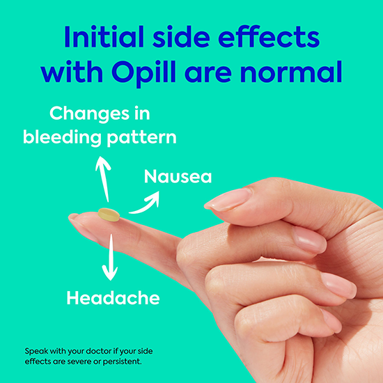 Initial side effects with Opill are normal. Speak with your doctor if side effects are persistent.