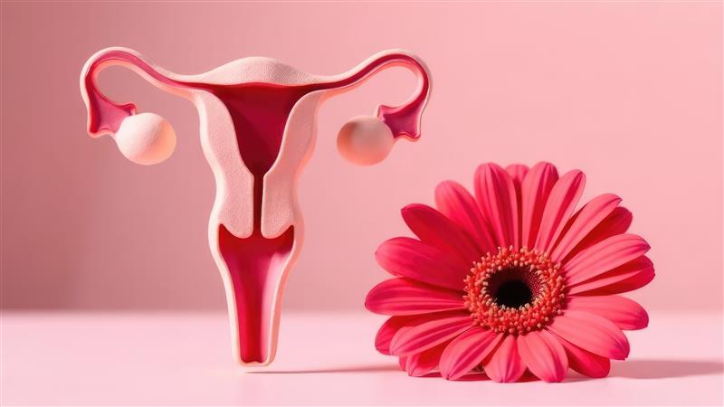 A female reproductive system model and a pink gerbera flower sitting  against a pink background