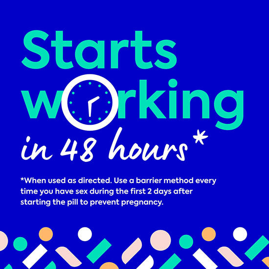 Opill® Daily Oral Contraceptive starts working in 48 hours when used as directed. Be sure to use a barrier method like condoms for the first two days to prevent pregnancy.